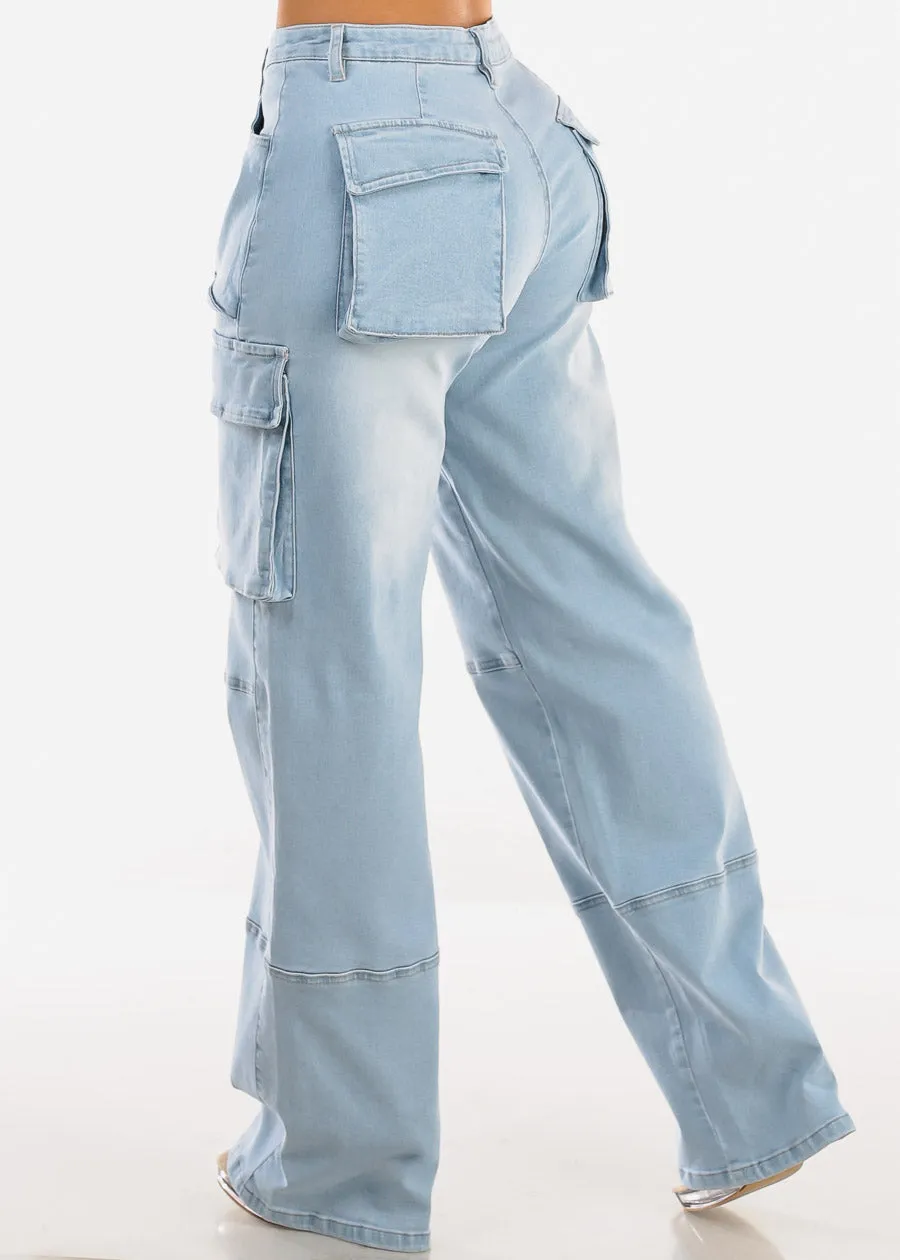 High Waist Straight Wide Leg Cargo Jeans Light Wash sold by Moda product image thumbnail 4