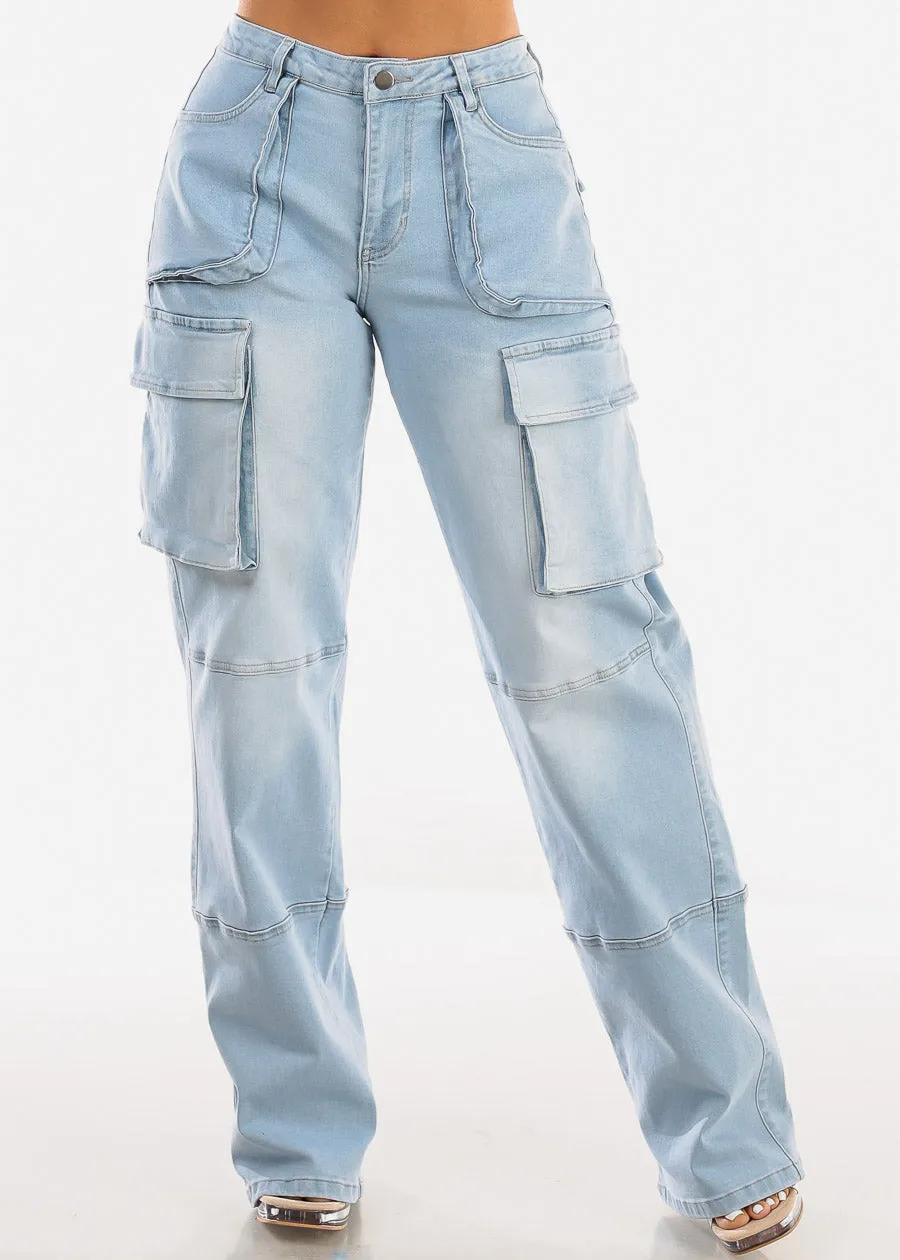 High Waist Straight Wide Leg Cargo Jeans Light Wash sold by Moda