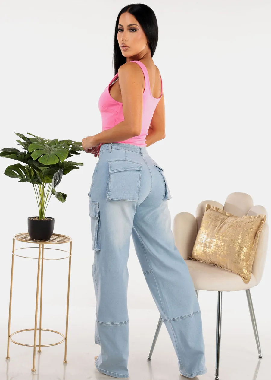 High Waist Straight Wide Leg Cargo Jeans Light Wash sold by Moda product image thumbnail 5