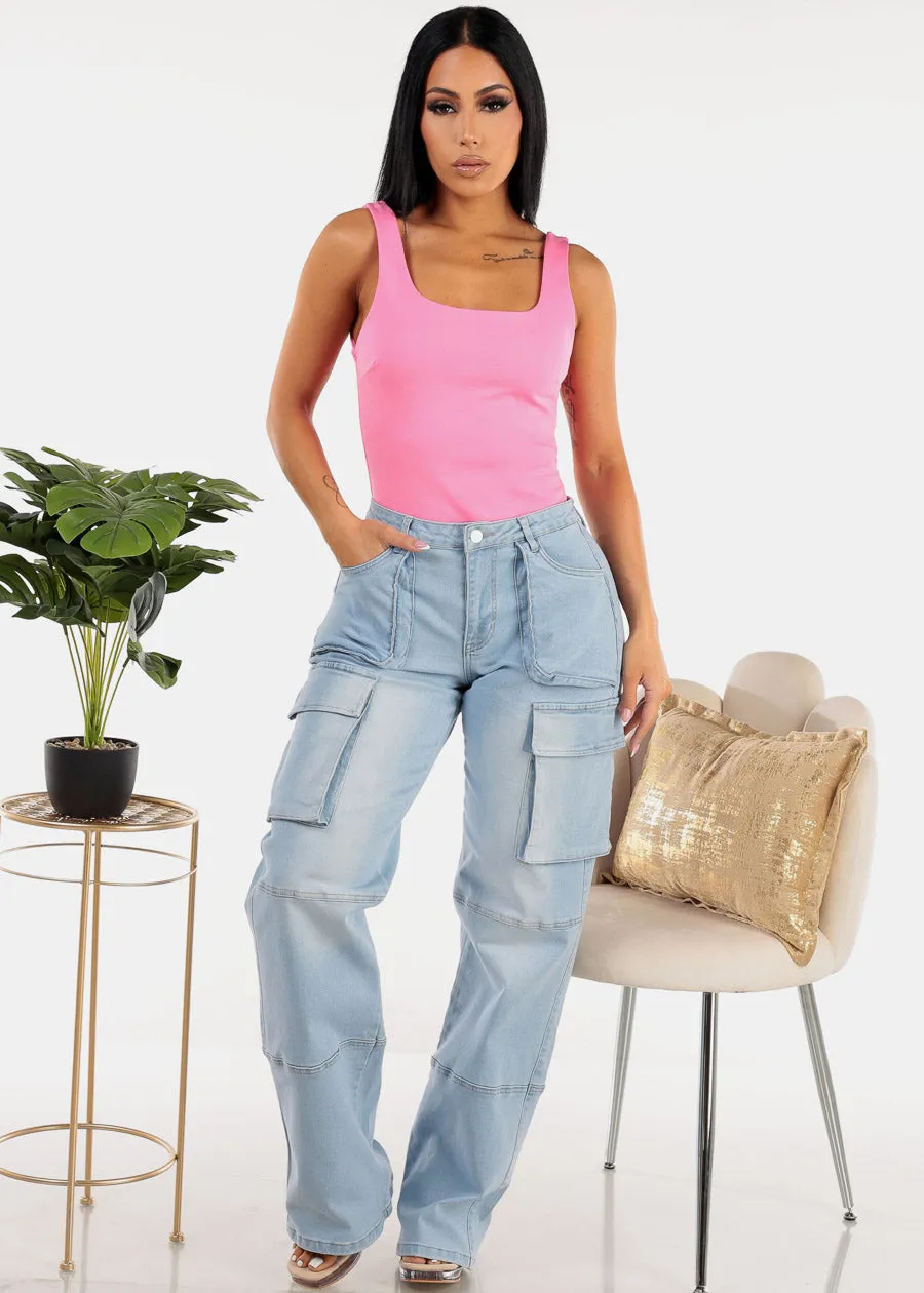 High Waist Straight Wide Leg Cargo Jeans Light Wash sold by Moda product image thumbnail 2