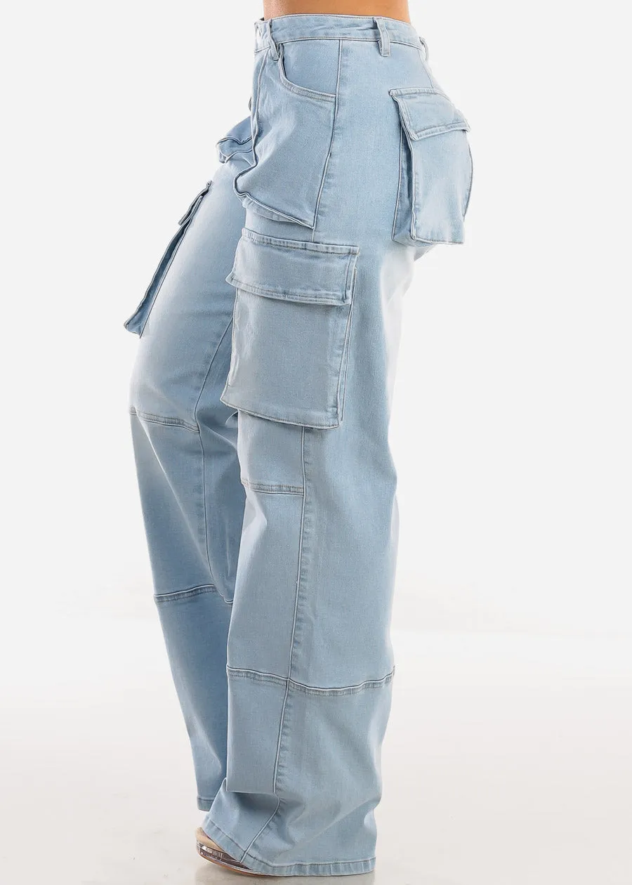 High Waist Straight Wide Leg Cargo Jeans Light Wash sold by Moda product image thumbnail 3