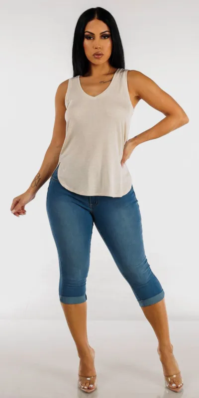 Butt Lifting Med Blue Cuffed Denim Capris with Sleeveless Heather Tunic Top sold by Moda