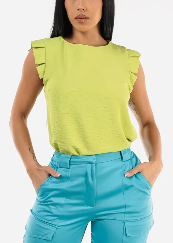 Ruffle Trim Sleeveless Light Green Top sold by Moda