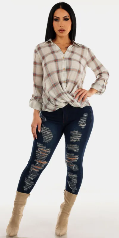 Twisted Plaid Ripped Skinnies Set sold by Moda