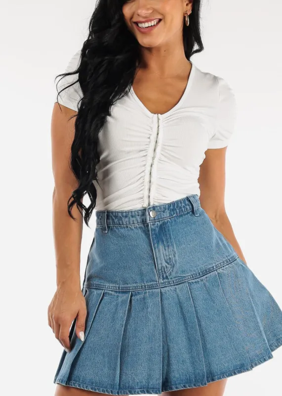 White Short Sleeve Hook and Eye Ruched Top sold by Moda
