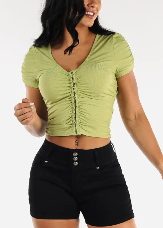 Short Sleeve Hook and Eye Ruched Top Light Green sold by Moda