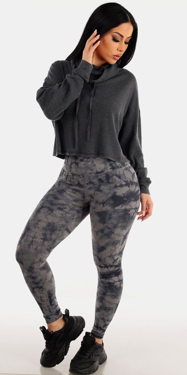 Black High Waisted Tie Dye Activewear Leggings with Black Long Sleeve Cowl Neck Pullover sold by Moda