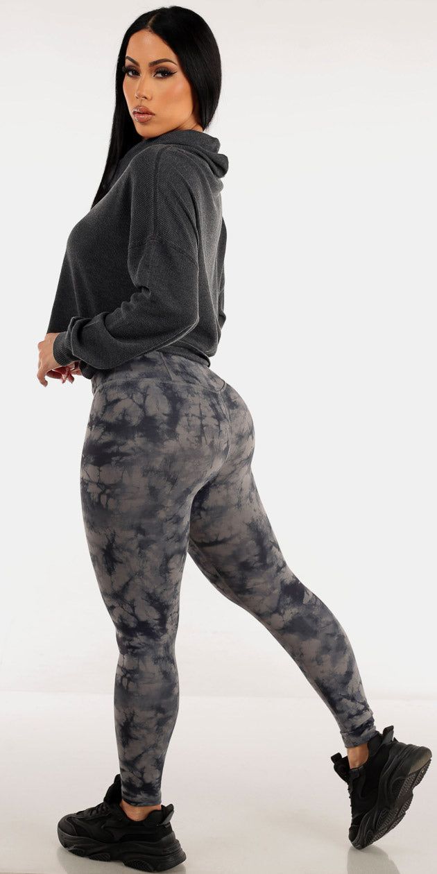 Black High Waisted Tie Dye Activewear Leggings with Black Long Sleeve Cowl Neck Pullover sold by Moda product image thumbnail 2