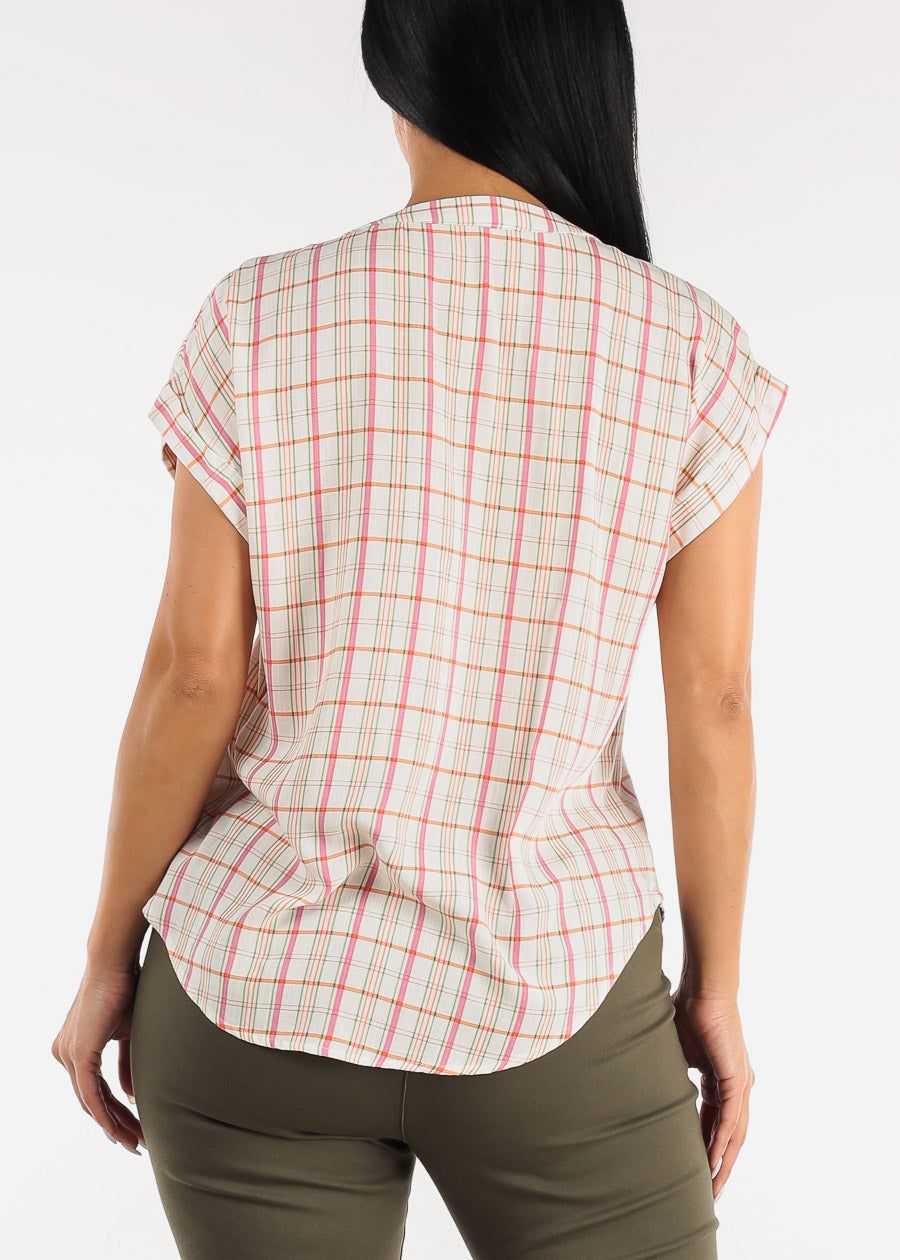 Cap Short Sleeve Button Down Plaid Top Ivory sold by Moda product image thumbnail 4