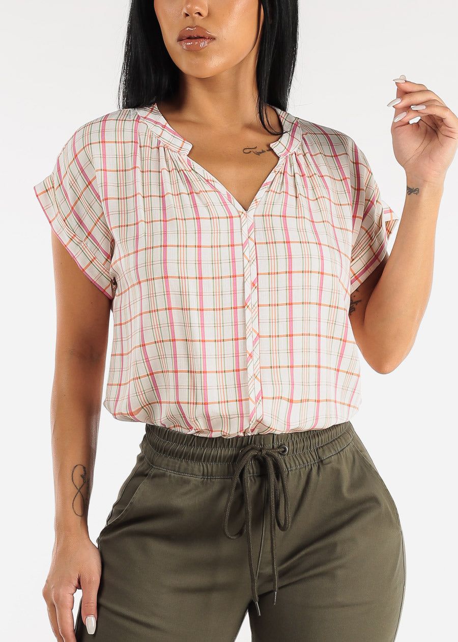 Cap Short Sleeve Button Down Plaid Top Ivory sold by Moda