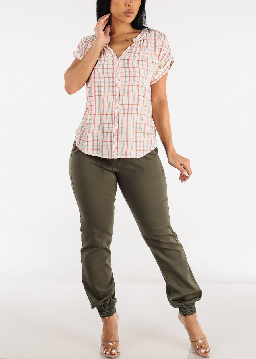 Cap Short Sleeve Button Down Plaid Top Ivory sold by Moda product image thumbnail 2