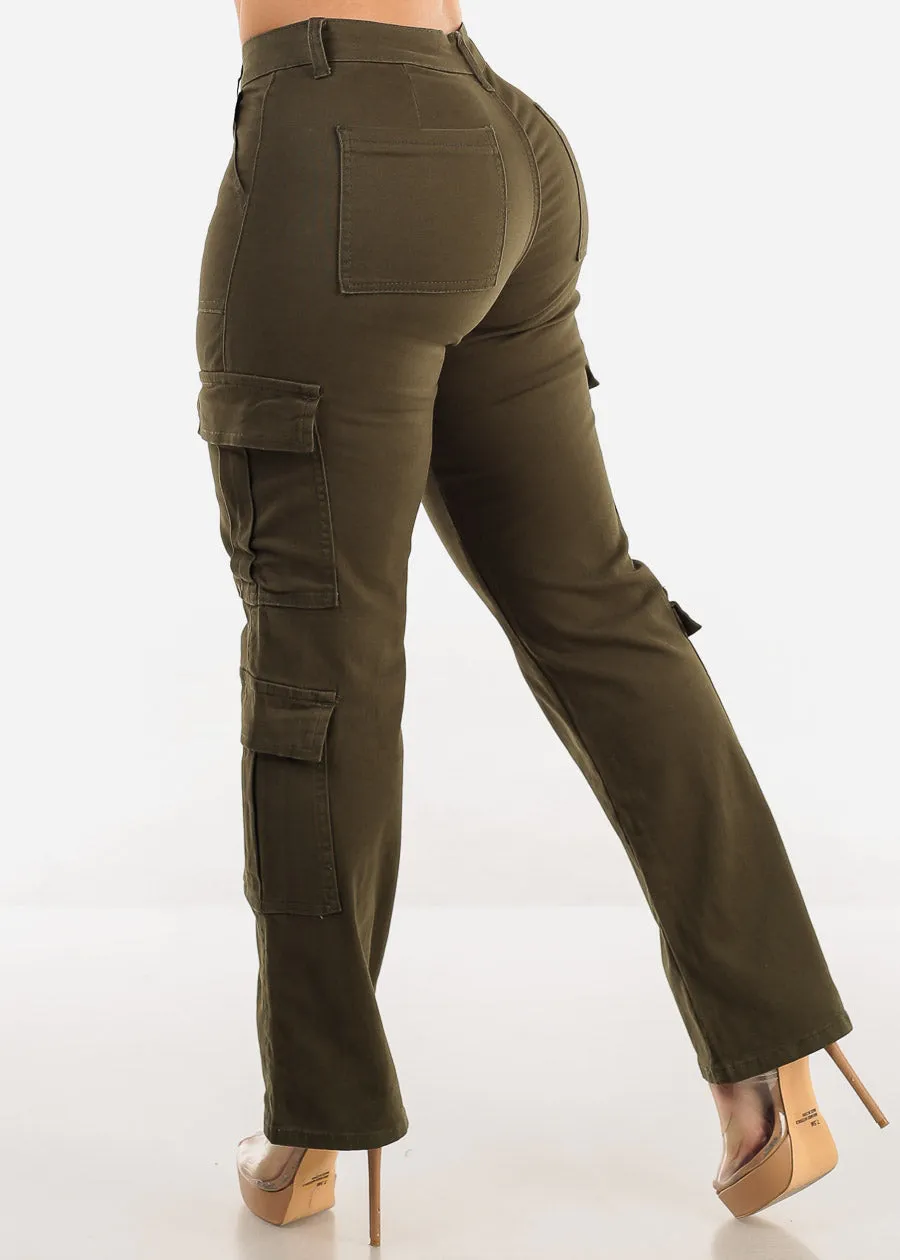Butt Lift Mid Rise Straight Wide Leg Cargo Pants Olive sold by Moda