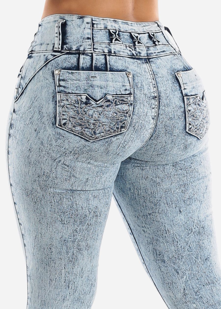 Levanta Cola Acid Wash Skinny Jeans sold by Moda