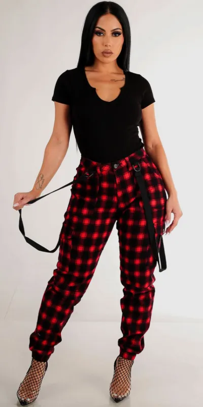 High Waisted Red Plaid Cargo Jogger Pants with Short Sleeve Vneck Black Ribbed Top sold by Moda