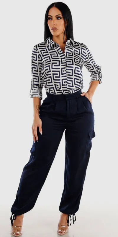 Navy High Rise Silky Cargo Pants with Navy Long Sleeve Printed Button Down Satin Blouse sold by Moda