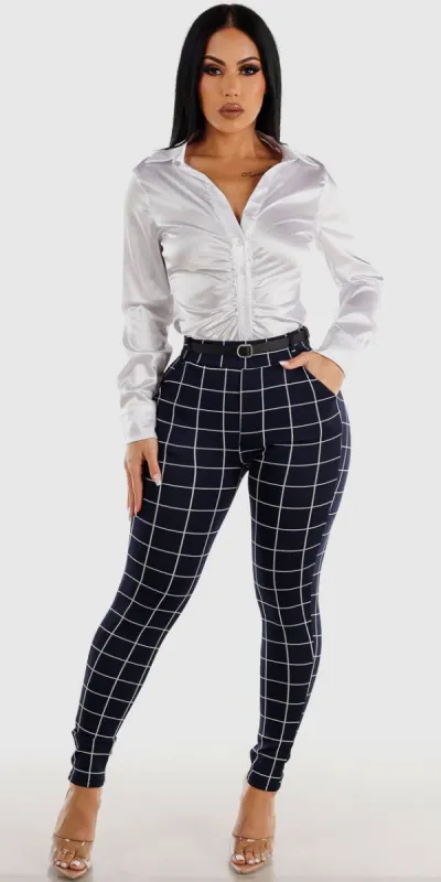 Navy Butt Lifting Printed Skinny Pants with White Ruched Front Satin Button Up Shirt sold by Moda