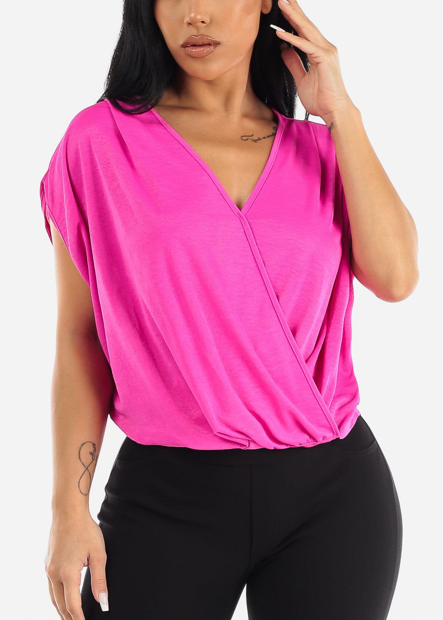 Short Sleeve Surplice Top Hot Pink sold by Moda