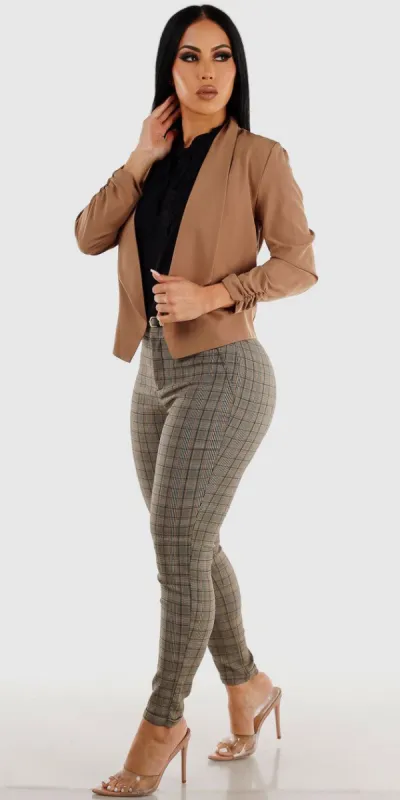 High Waisted Brown Plaid Skinny Pants Black Short Sleeve Tie Neck Top and Quarter Sleeve Mocha Blazer sold by Moda