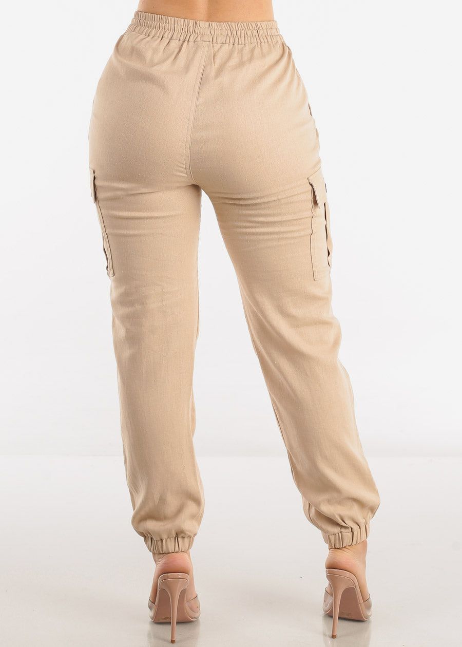 Khaki High Rise Linen Drawstring Waist Cargo Joggers sold by Moda product image thumbnail 4