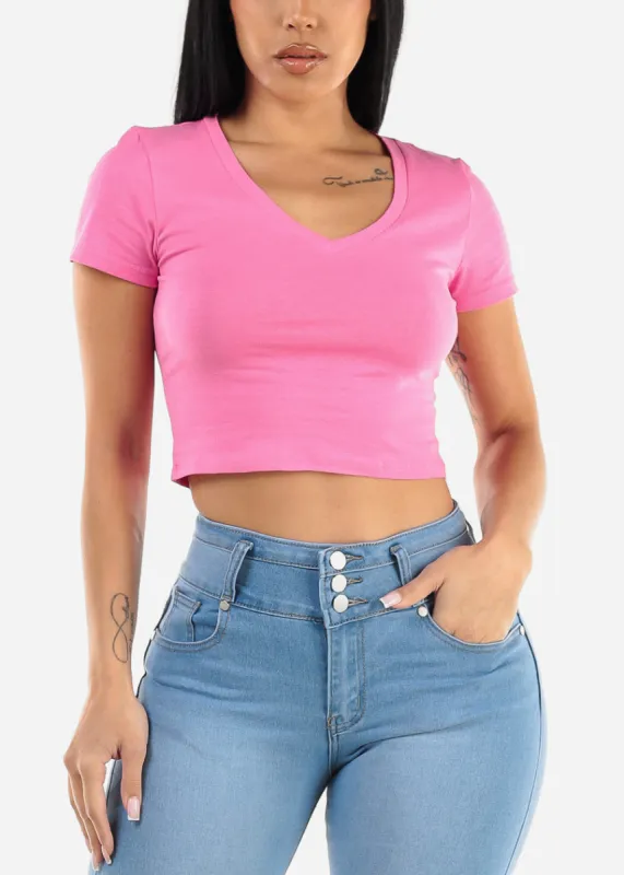 Short Sleeve Vneck Crop Top Pink sold by Moda