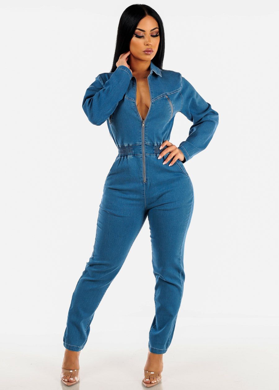 Long Sleeve Smocked Waist Denim Jumpsuit Med Wash sold by Moda