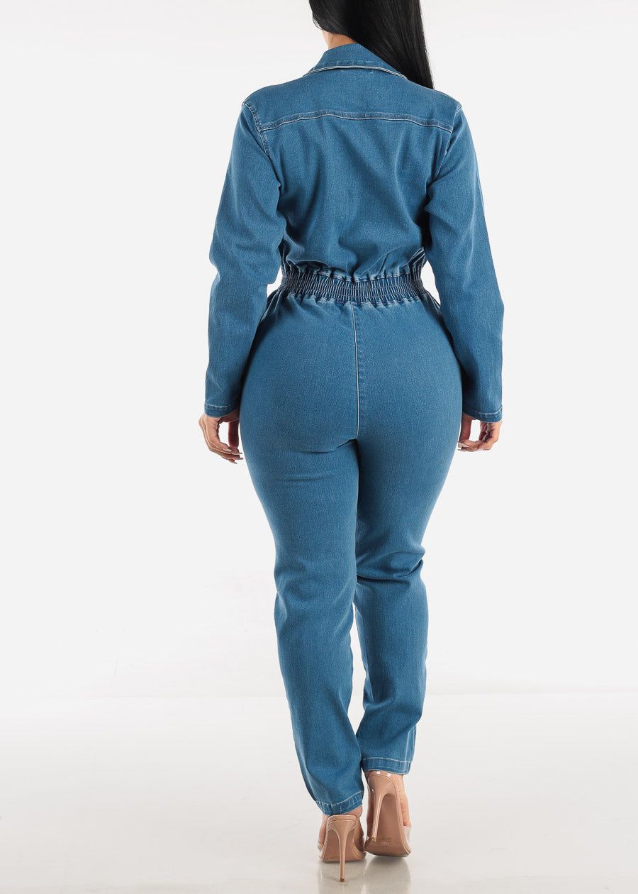 Long Sleeve Smocked Waist Denim Jumpsuit Med Wash sold by Moda product image thumbnail 3