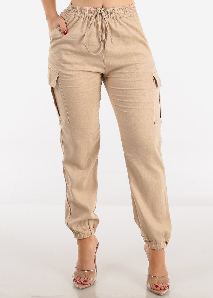 Khaki High Rise Linen Drawstring Waist Cargo Joggers sold by Moda