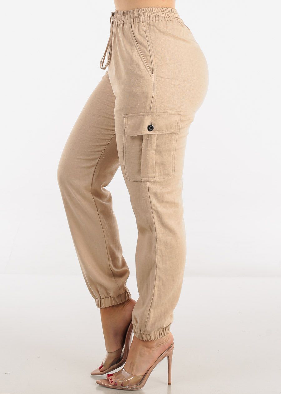 Khaki High Rise Linen Drawstring Waist Cargo Joggers sold by Moda product image thumbnail 3