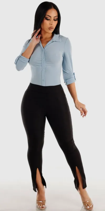 Black Pull On Dressy Skinny Pants with Long Sleeve Light Blue Ruched Collared Blouse sold by Moda