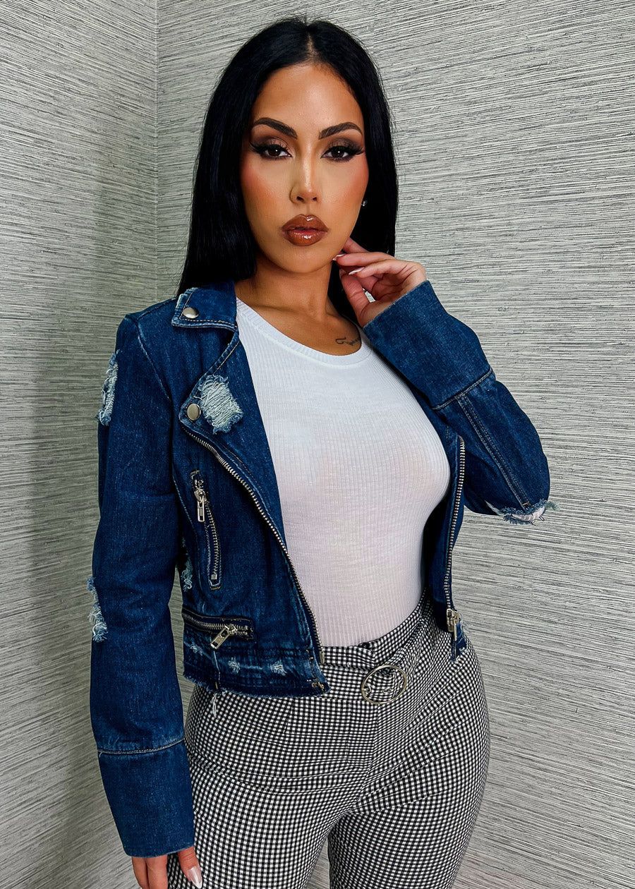 Distressed Dark Wash Moto Denim Jacket sold by Moda