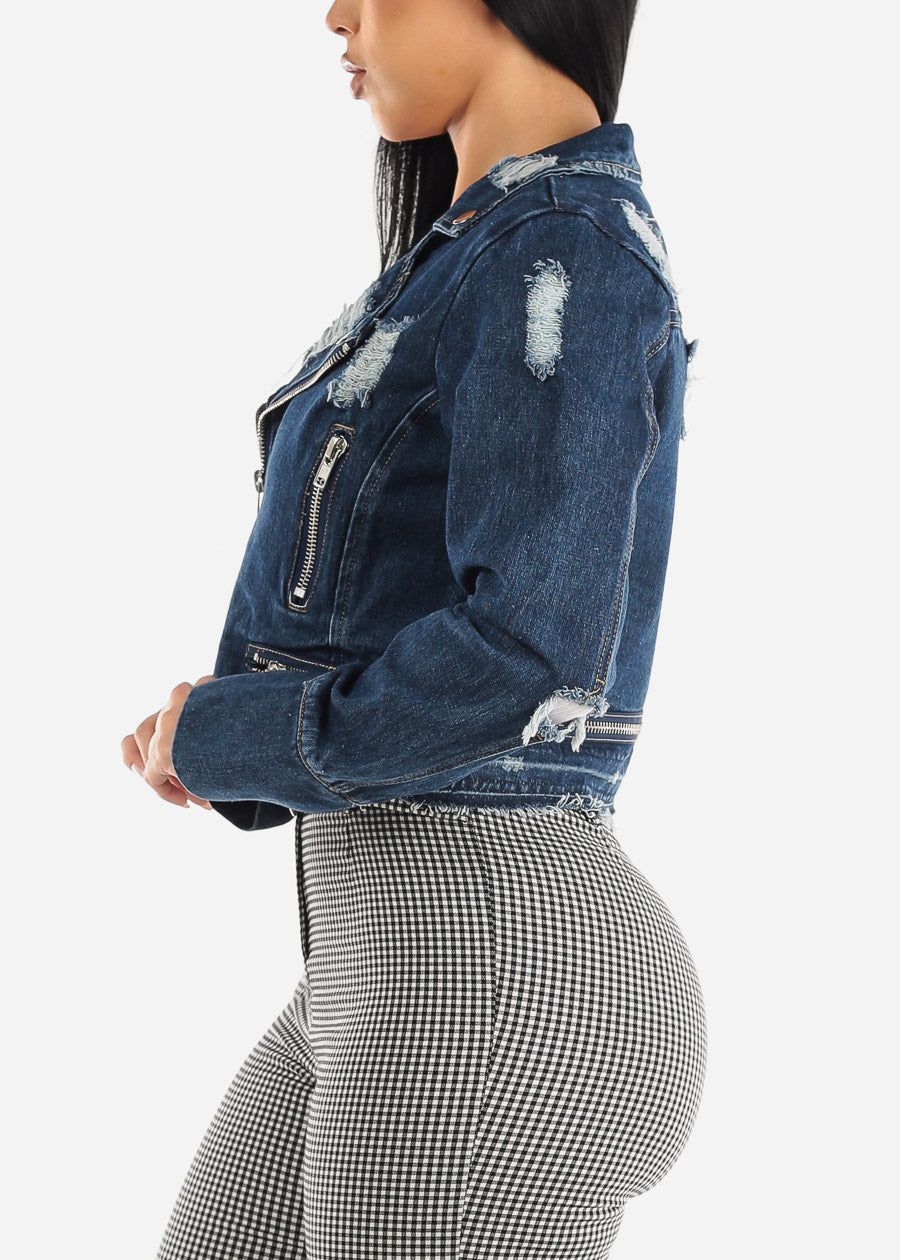 Distressed Dark Wash Moto Denim Jacket sold by Moda product image thumbnail 5