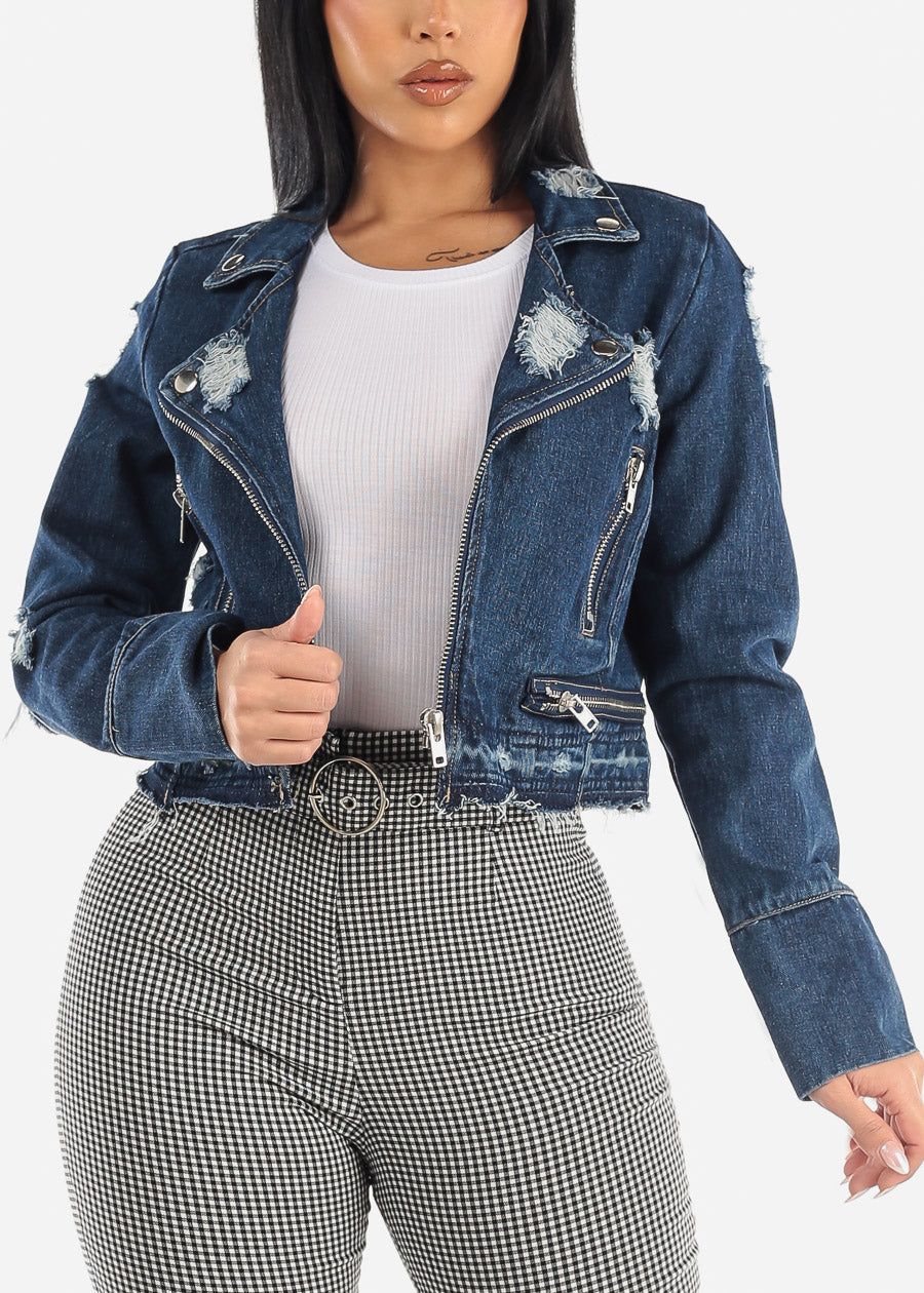 Distressed Dark Wash Moto Denim Jacket sold by Moda product image thumbnail 3