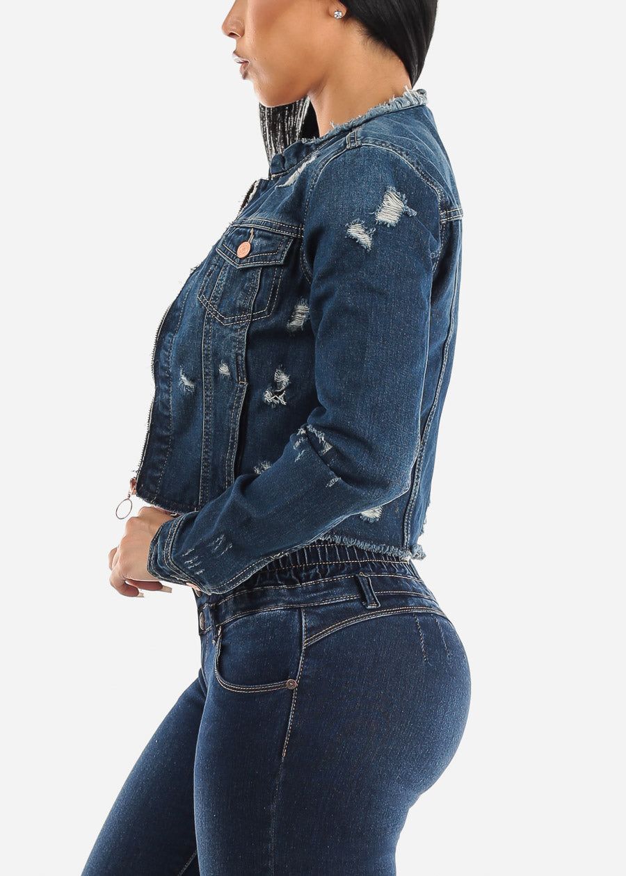 Distressed Long Sleeve Zip Up Blue Denim Jacket sold by Moda product image thumbnail 4