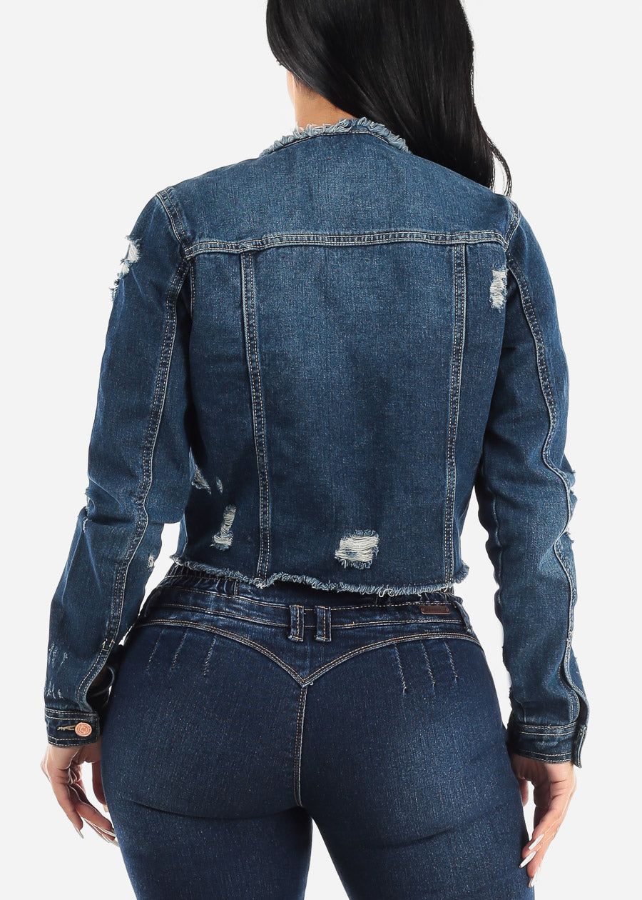 Distressed Long Sleeve Zip Up Blue Denim Jacket sold by Moda product image thumbnail 5