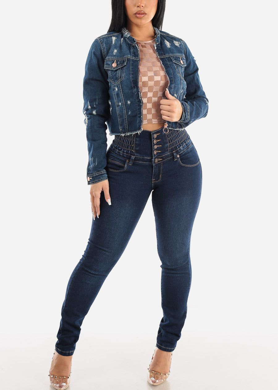 Distressed Long Sleeve Zip Up Blue Denim Jacket sold by Moda product image thumbnail 2