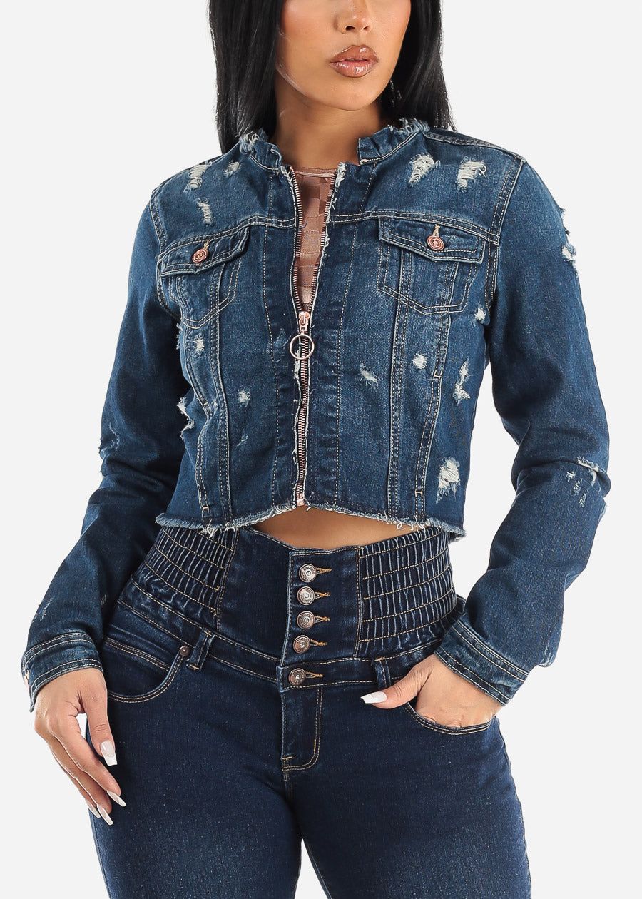 Distressed Long Sleeve Zip Up Blue Denim Jacket sold by Moda product image thumbnail 3