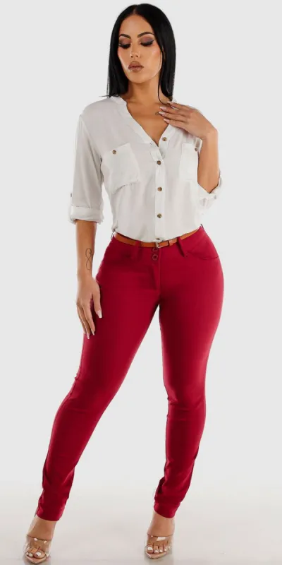 Mid Rise Burgundy Dress Skinny Pants with Long Sleeve Vneck White Button Up Shirt sold by Moda