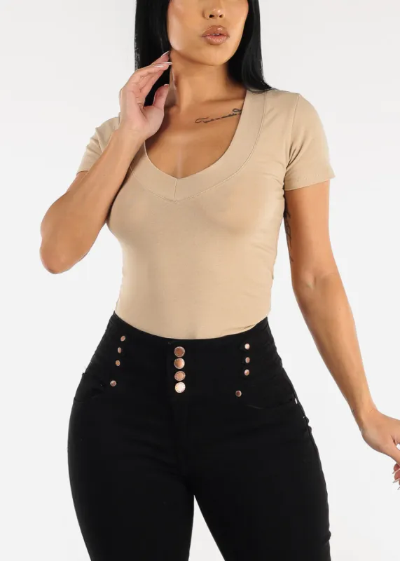 V-neck Basic T-Shirt (Khaki) made by Moda
