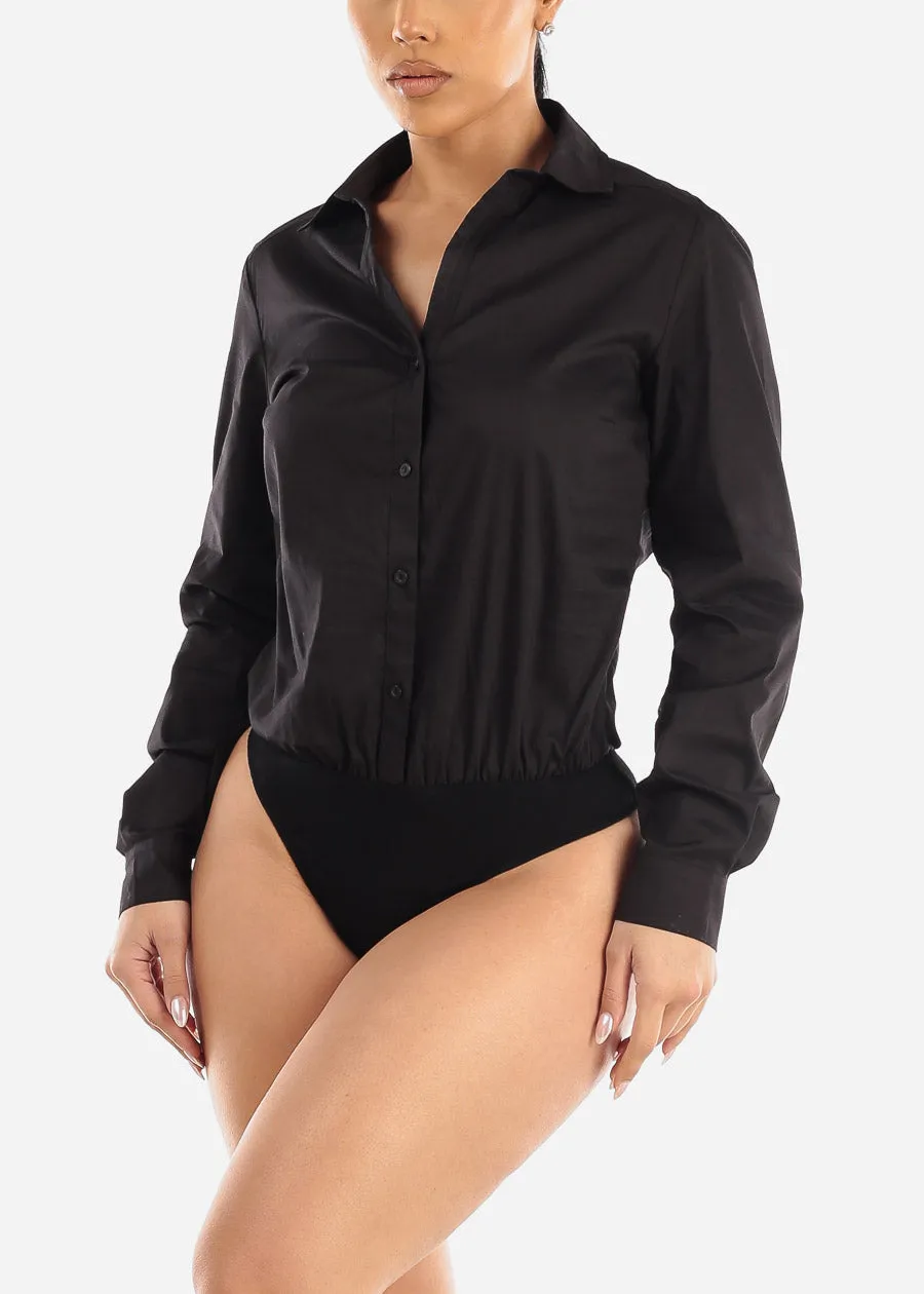 Black Long Sleeve Button Down Collared Bodysuit sold by Moda