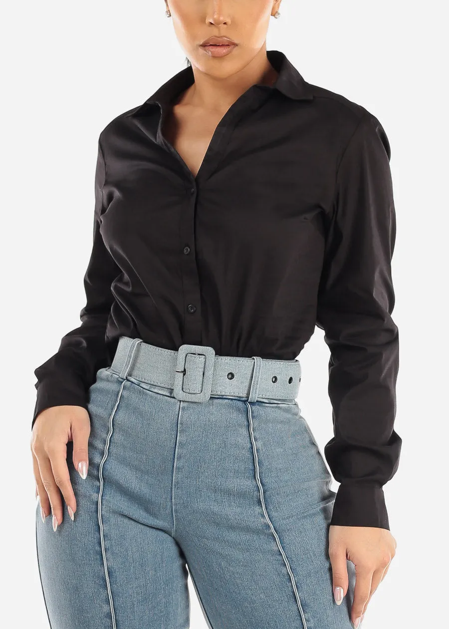 Black Long Sleeve Button Down Collared Bodysuit sold by Moda product image thumbnail 5
