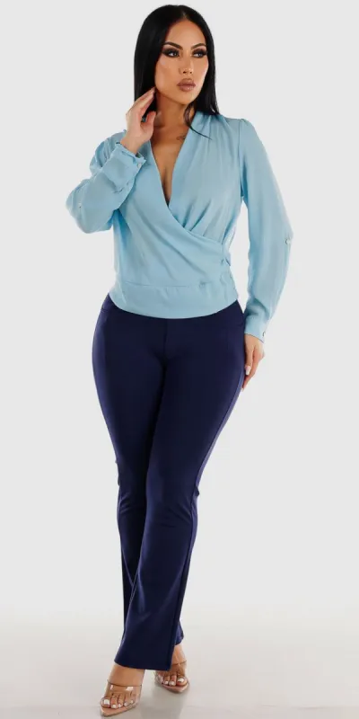 Navy Super High Waisted Dressy Bootcut Pants with Light Blue Long Sleeve Surplice Blouse sold by Moda