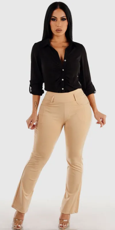 Khaki High Waisted Bootcut Dressy Pants with Ruched Button Up Black Collared Blouse sold by Moda