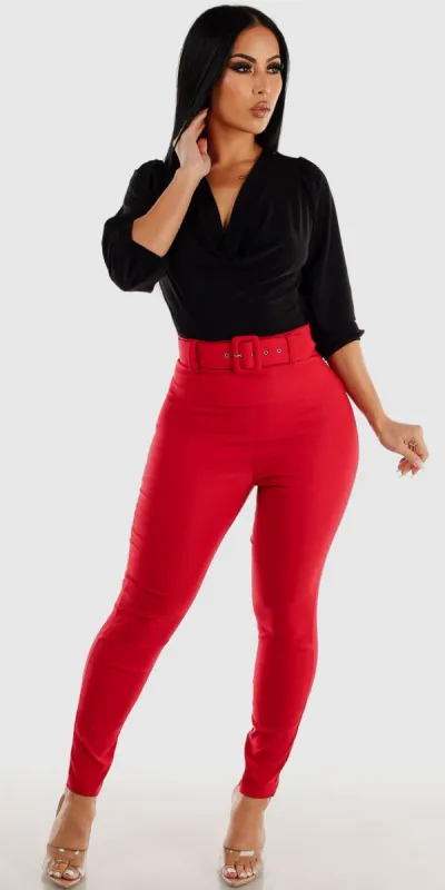 Super High Waisted Red Dressy Skinny Pants with Black Cowl Neck Dressy Blouse sold by Moda