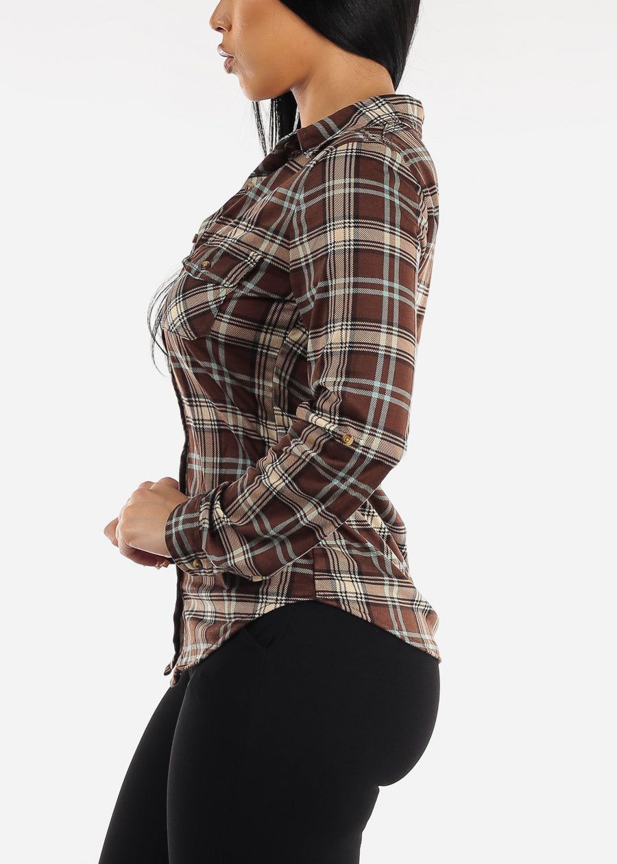 Long Sleeve Button Up Plaid Shirt Brown sold by Moda product image thumbnail 3