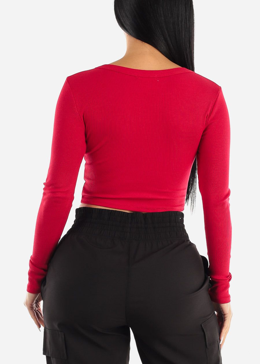 Long Sleeve Ribbed Crop Top Red w Snap Button Neckline sold by Moda product image thumbnail 4