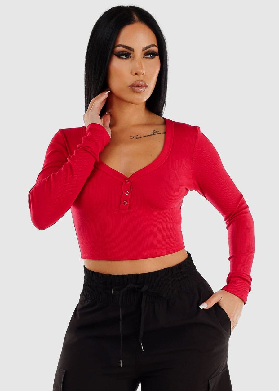 Long Sleeve Ribbed Crop Top Red w Snap Button Neckline sold by Moda