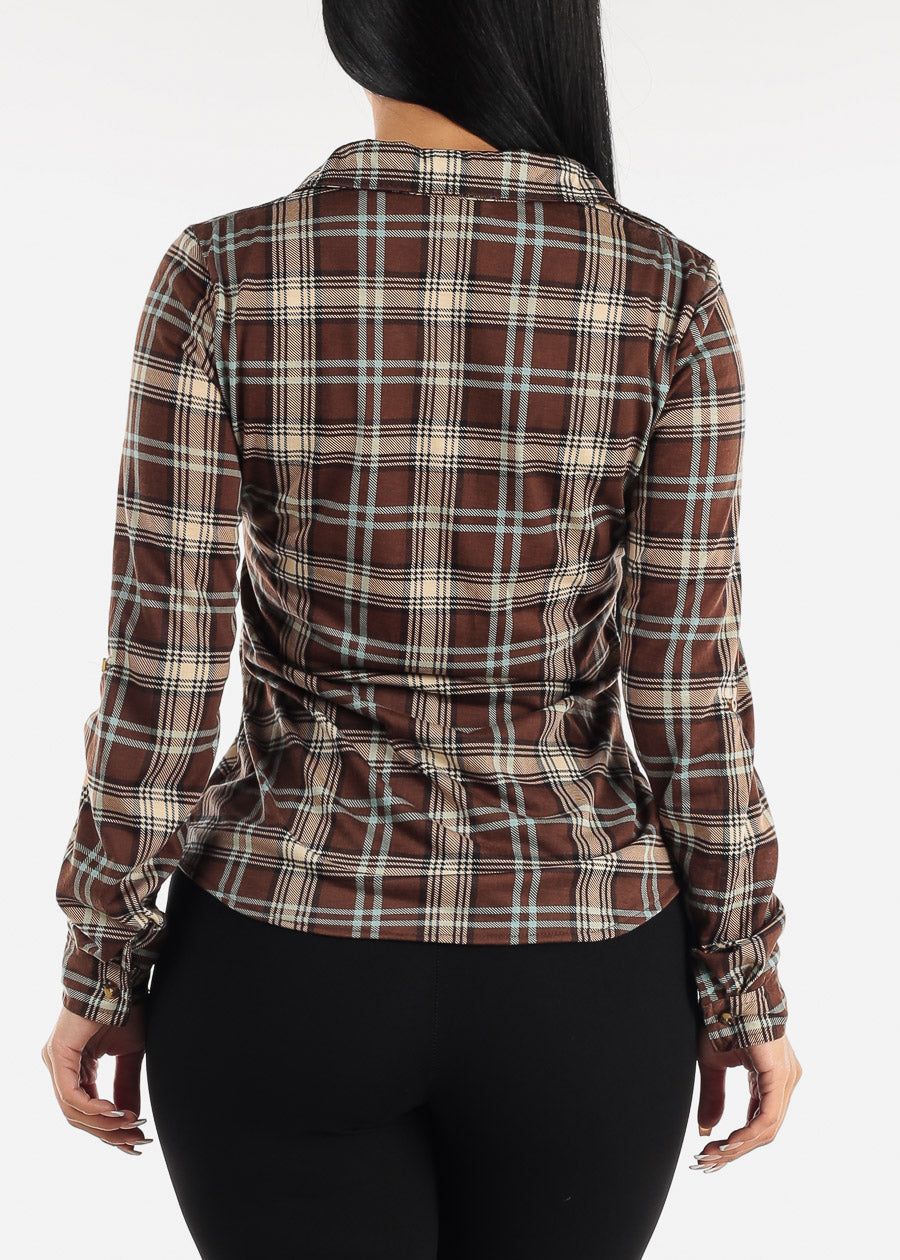 Long Sleeve Button Up Plaid Shirt Brown sold by Moda product image thumbnail 4