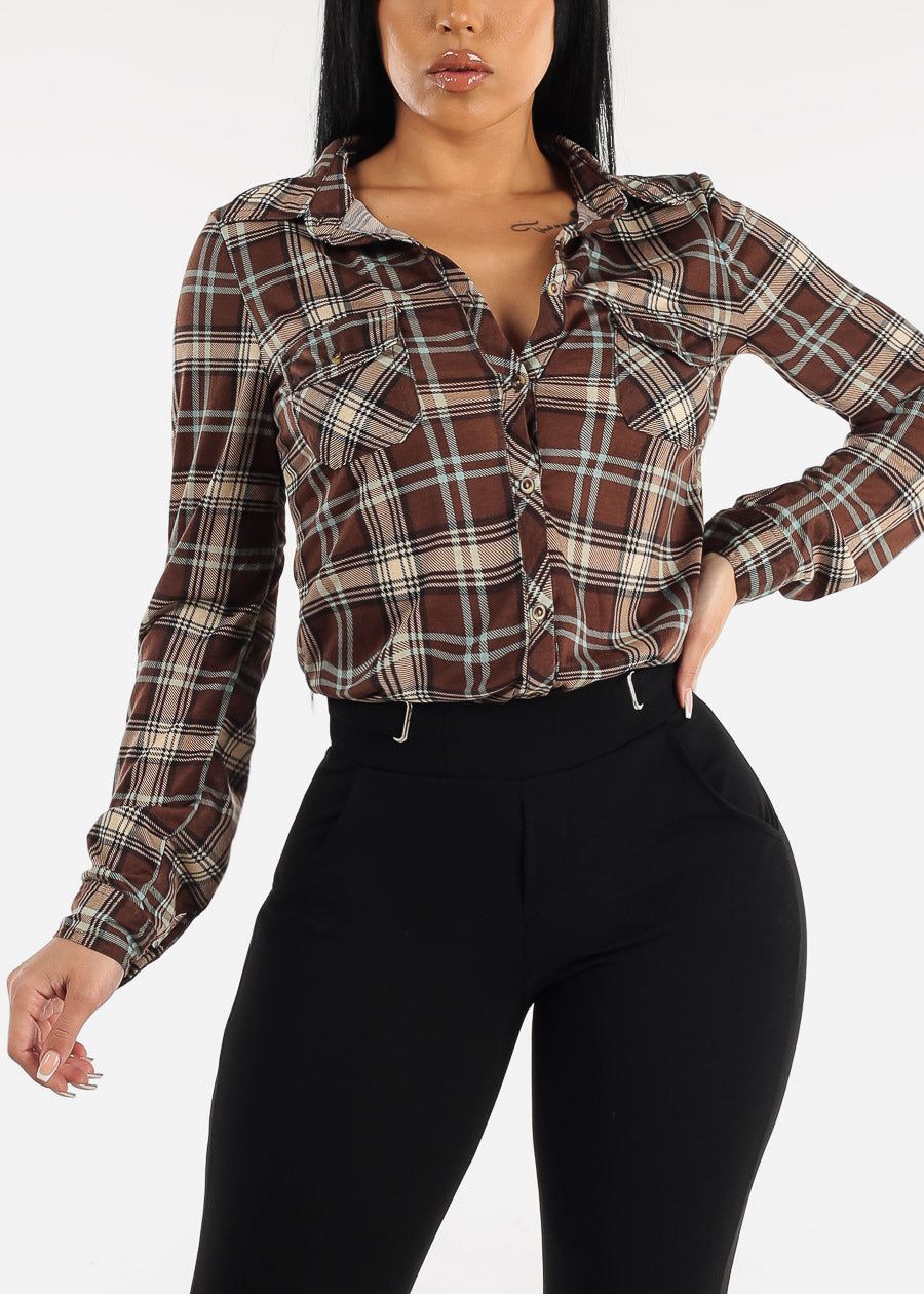 Long Sleeve Button Up Plaid Shirt Brown sold by Moda