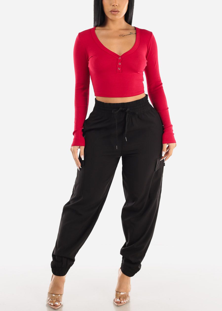 Long Sleeve Ribbed Crop Top Red w Snap Button Neckline sold by Moda product image thumbnail 2