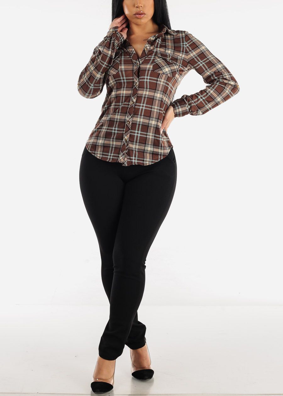 Long Sleeve Button Up Plaid Shirt Brown sold by Moda product image thumbnail 2